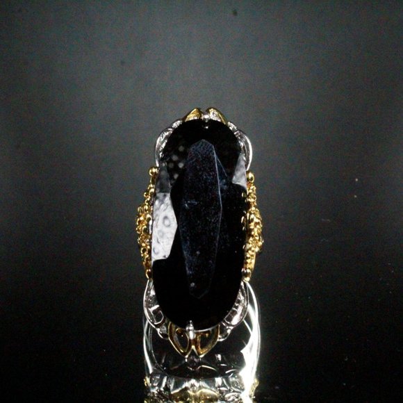 Sterling Silver Black Elongated CZ QVC Two Tone Statement Cocktail Ring - Picture 2 of 9
